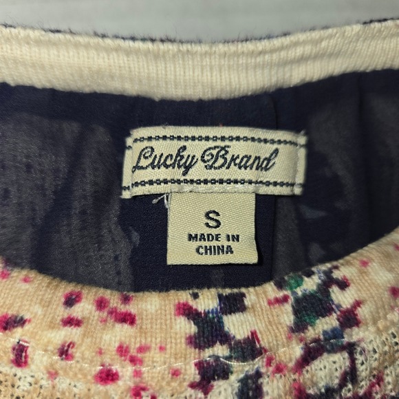 Lucky Brand Womens Small Plaid Split Back Layered Knit Top Navy Pink Cream S - Picture 2 of 10